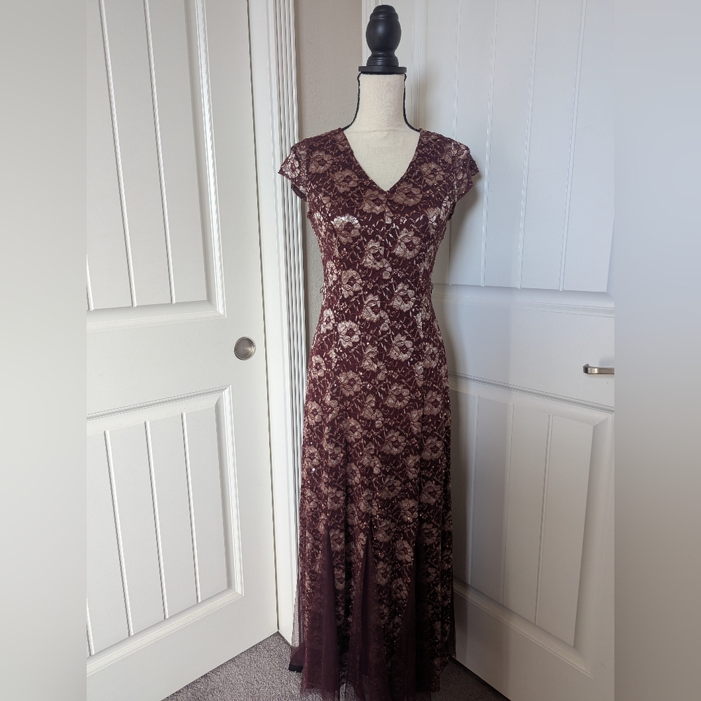 Maroon Floral Lace Maxi Dress
